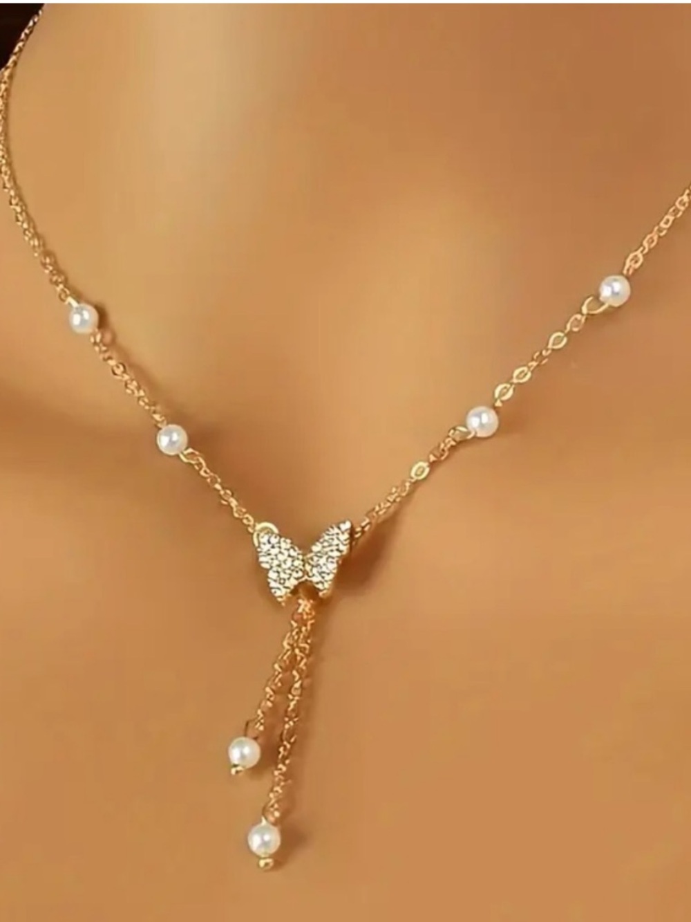 Gold Butterfly Pearl Y-Necklace - Elegant Women’s Jewelry